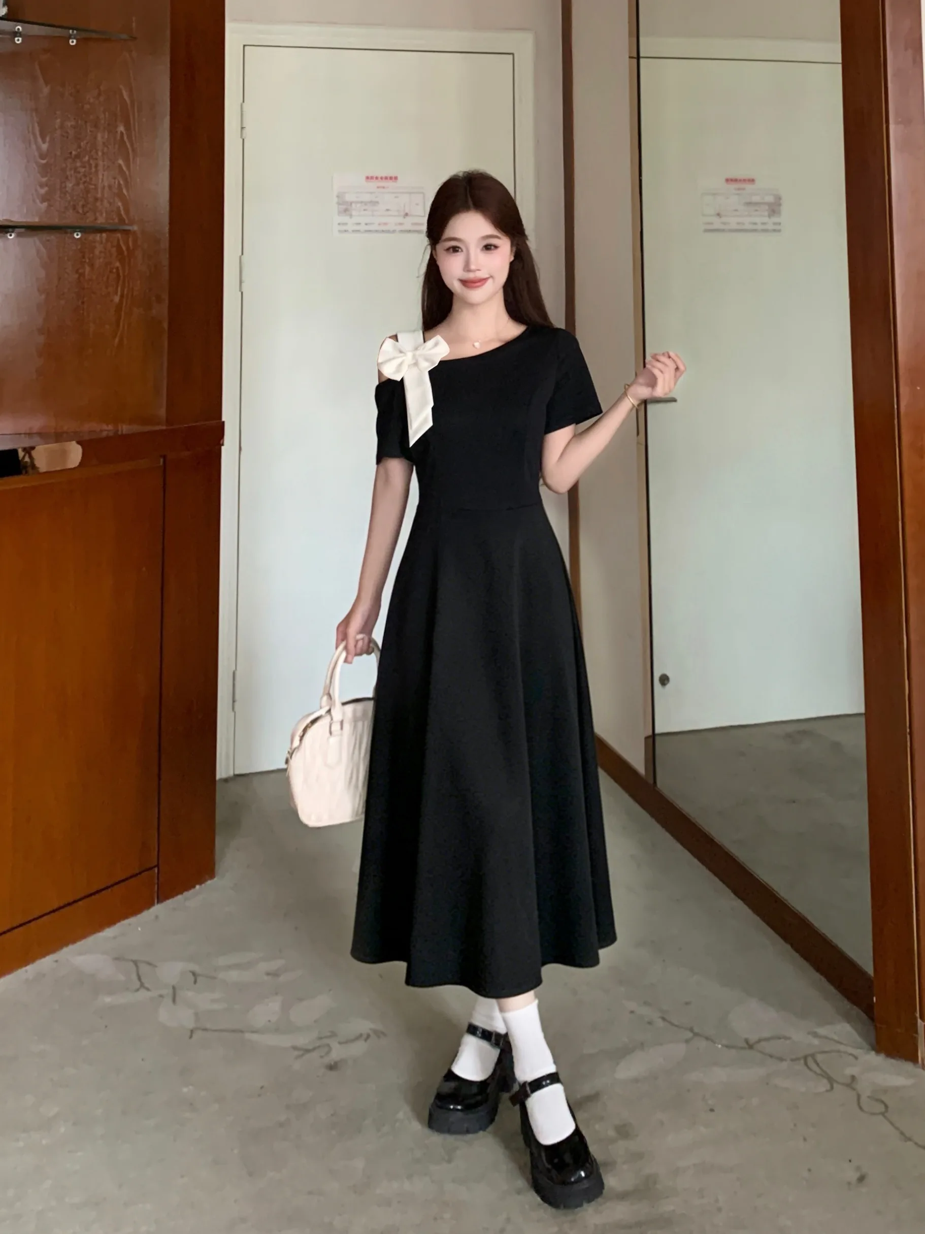 plus Size  Knot Side Shoulder Dress Slimming Waist Design Korean Style Commute A-Line Skirt Midi Dress Summer New