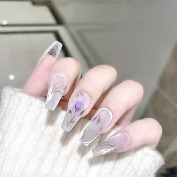 Matte False Nails With Colorful Rose Design Reusable Purple Nail Art Full Cover Artificial Nail Press On Long Ballet Coffin Nail