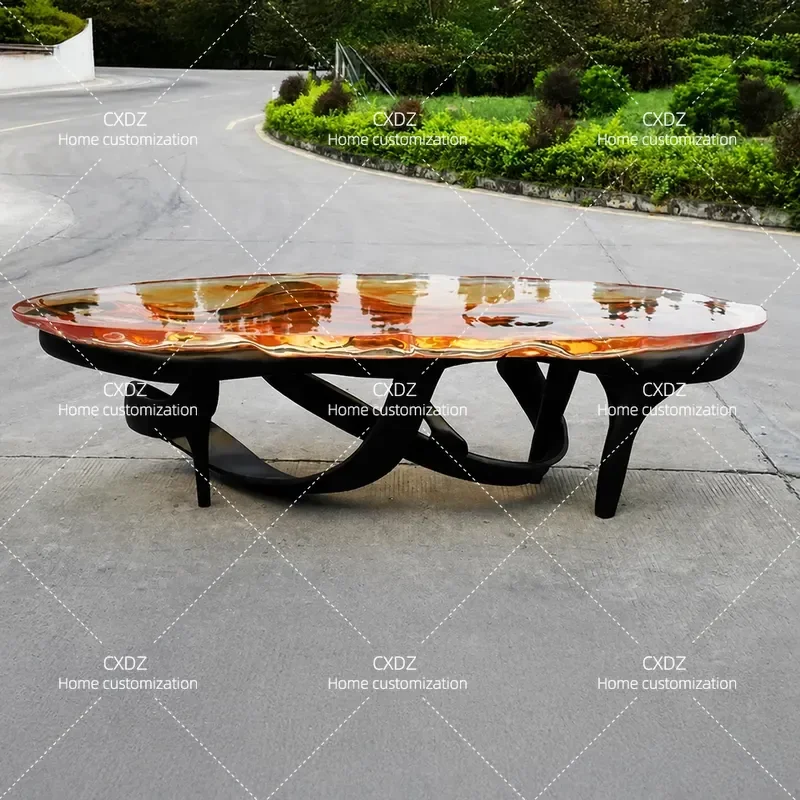 J617 Transparent Crystal Irregular Shaped 3m Large Tea Table Resin Water Ripple Dunhuang Streamer Flying Design Coffee Table