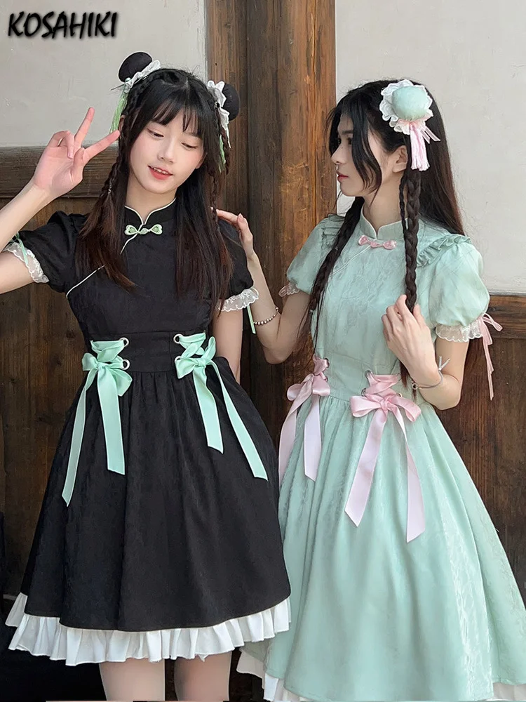 KOSAHIKI Sommer Fee Kleid Frauen Chinesischen Cheongsam Harajuku Schlank Vintage Midi Weibliche Casual Party 2025, Neue Vestido