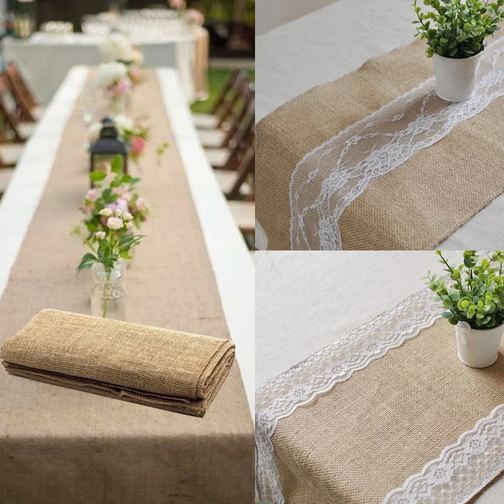 30cm Width Jute Linen Vintage Natural Table Runner Burlap Rustic Fabric Khaki Wedding Party Western Table Runner Decoration