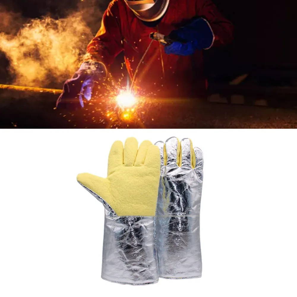 2pcs Aluminum Aramid Aluminum Foil Heat Gloves Splash Protection Five-Finger Heat Insulation Gloves Heat Insulation