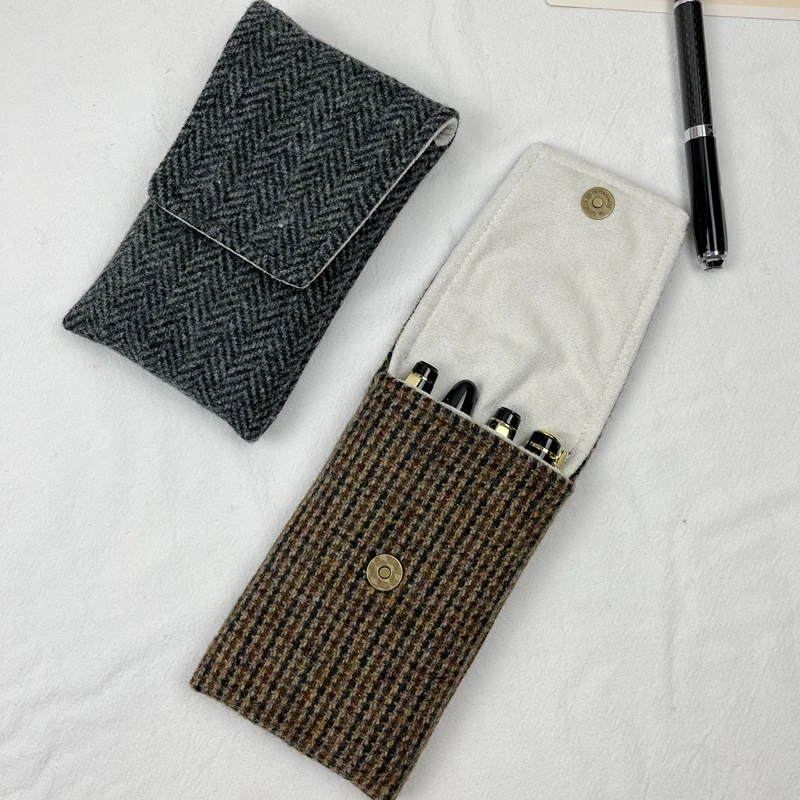Retro Harris Checked Wool Pen Bag 4-pack Pen Bag Tweed Pen Bag Tweed Cover Magnetic Buckle Cover