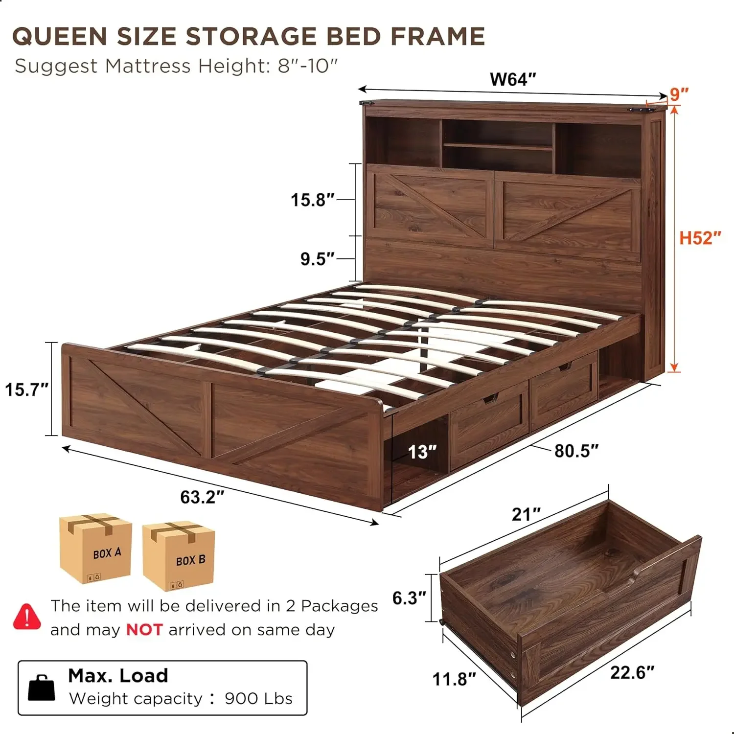 Farmhouse large wooden bed frame with 52 inch high storage headboard and 4 drawers, LED lights, charging station