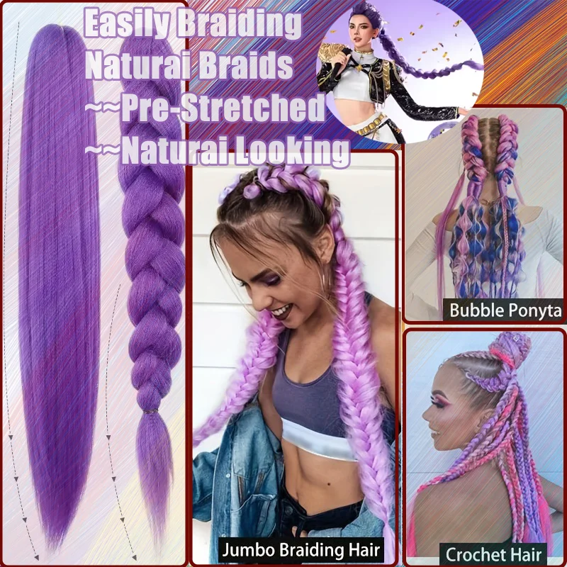 2 pièces fête synthétique violet tressage cheveux longue droite bricolage tressé queue de poney postiche femmes cheveux accessoires pour scène fête