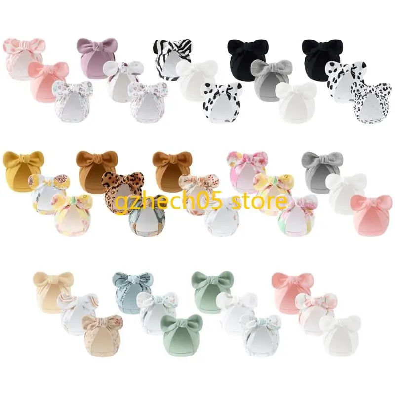 

D55E 3Pcs Elastic Baby Girls Bonnet Caps Newborns Hospital Hat with Lovely Bowknot Design for 0-3 Months Infant Headwear