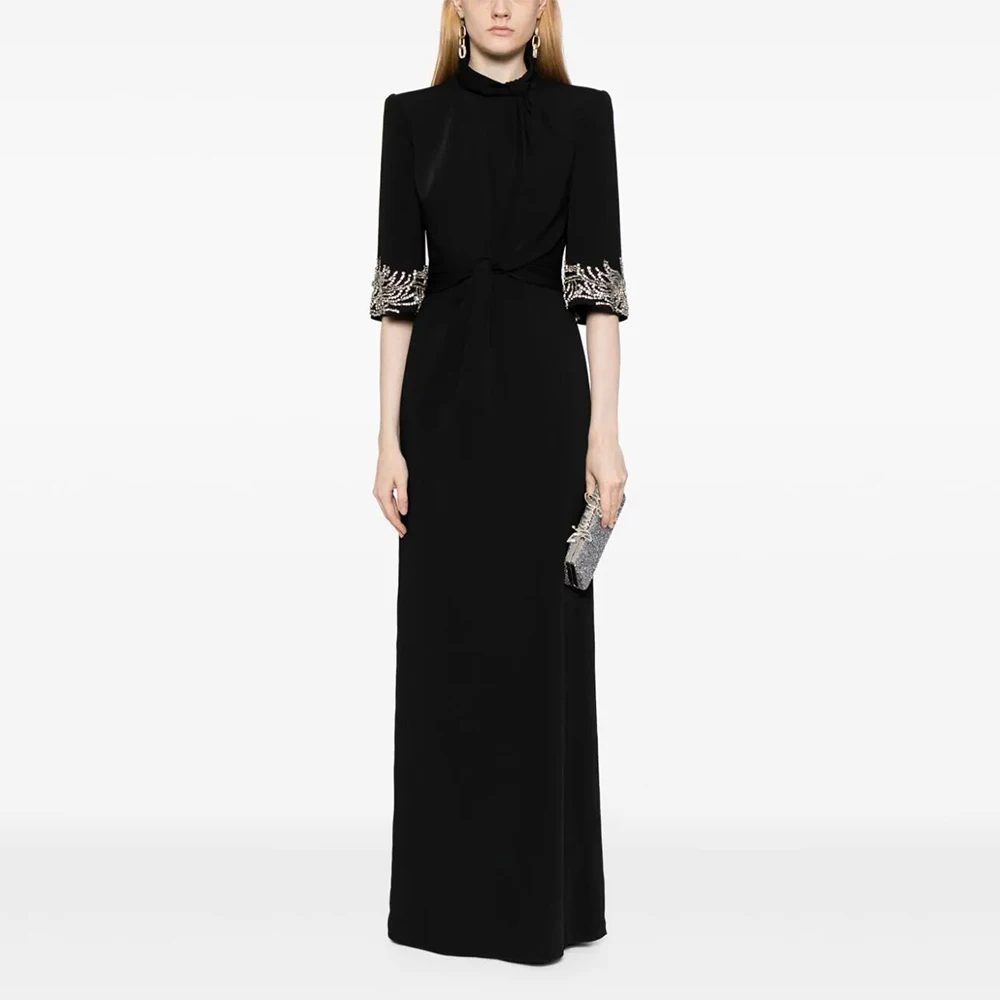 

Black Formal Evening Dress for Woman Customized Jersey Rhinestone Pleat Straight High Collar Floor Length Party Dresses 2026