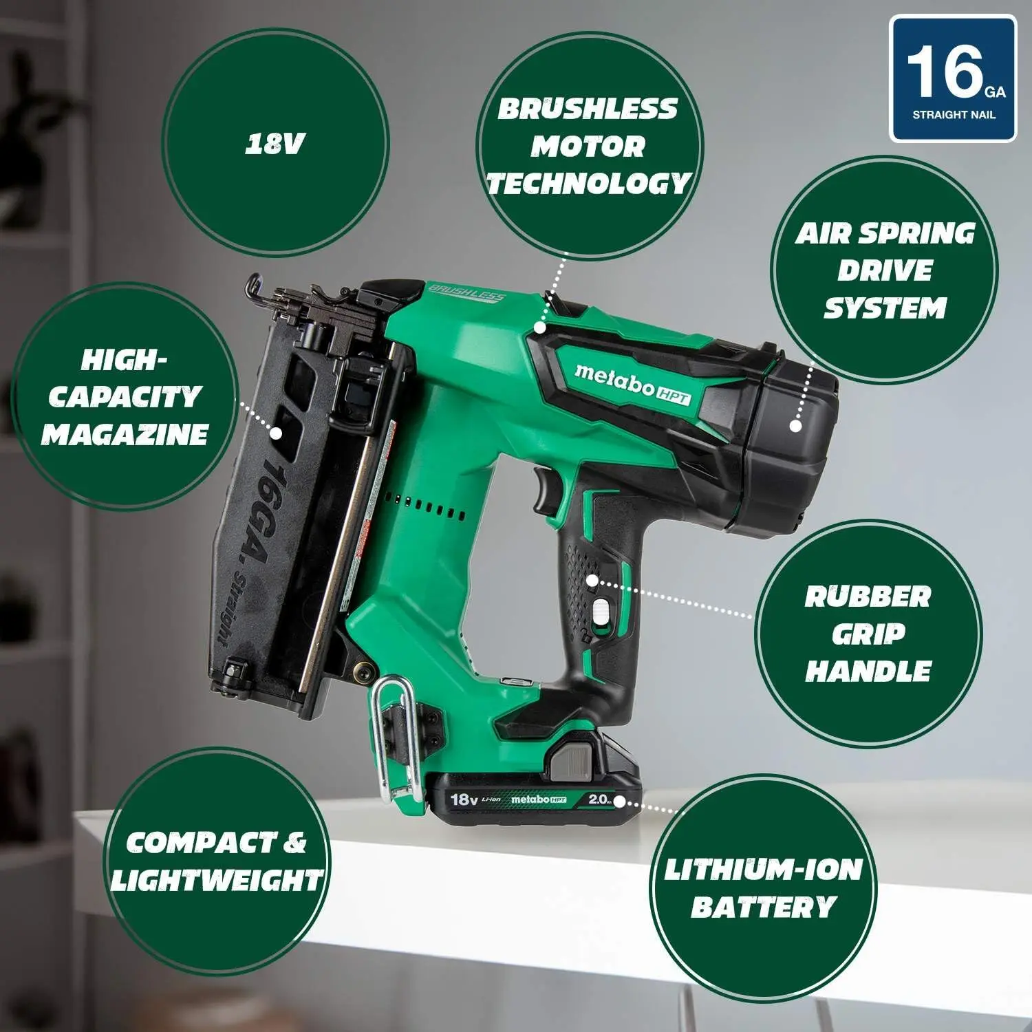 Metabo HPT 18V MultiVolt™ Straight Cordless Finish Nailer Kit, 16 Gauge Finish Nailer, (1) 18V 2.0Ah Lithium Ion Battery w/Fuel