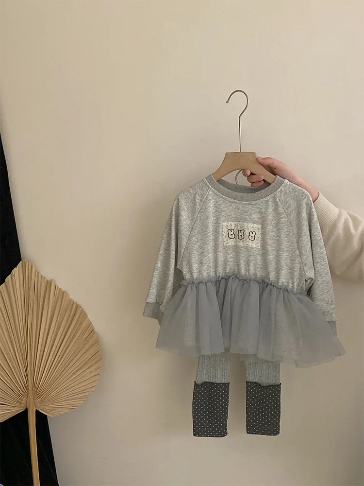 

Girls' Spring New Mesh Patchwork Cartoon Sweatshirt Dress2025Casual Polka Dot Patchwork Leggings Set