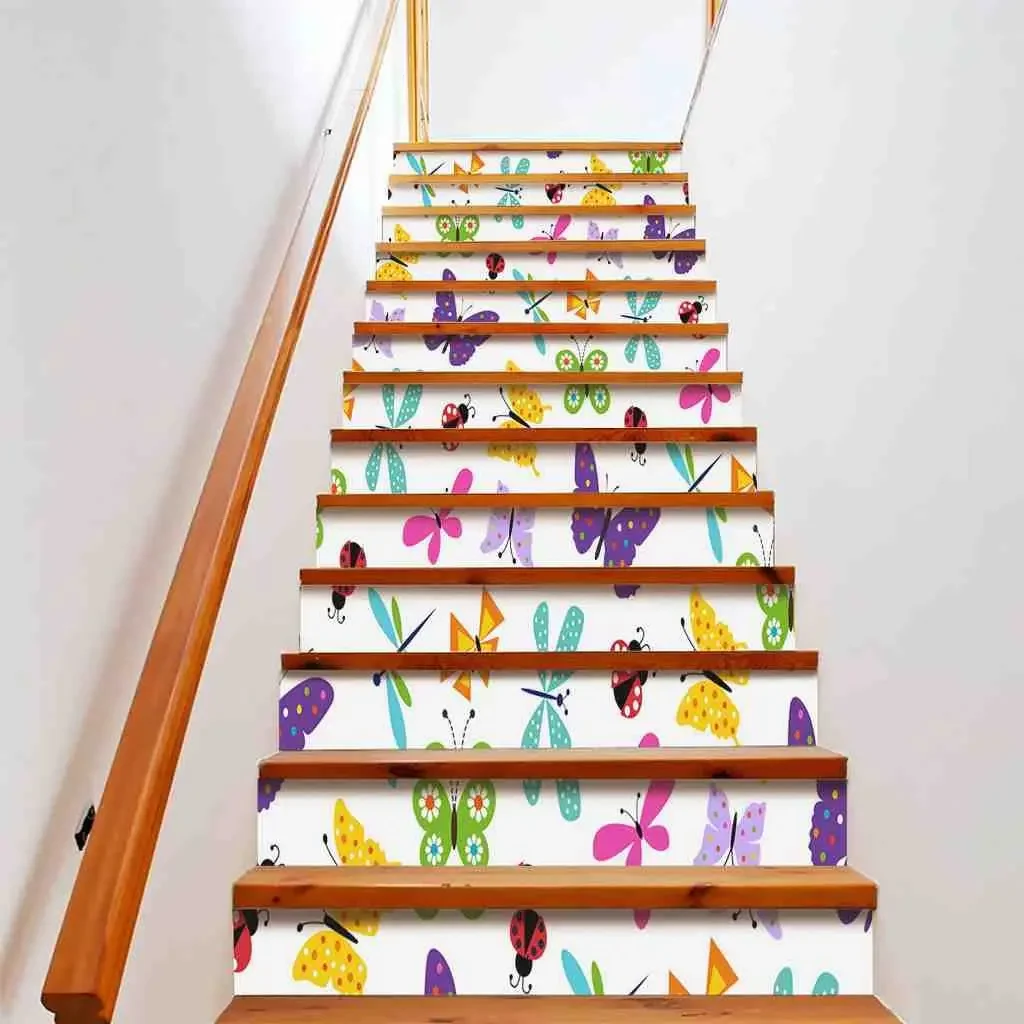 Beautiful Dragonfly Stair Stickers Colorful Butterfly Staircase Murals Watercolor Animal Stair Risers Decal Home Decor Removable