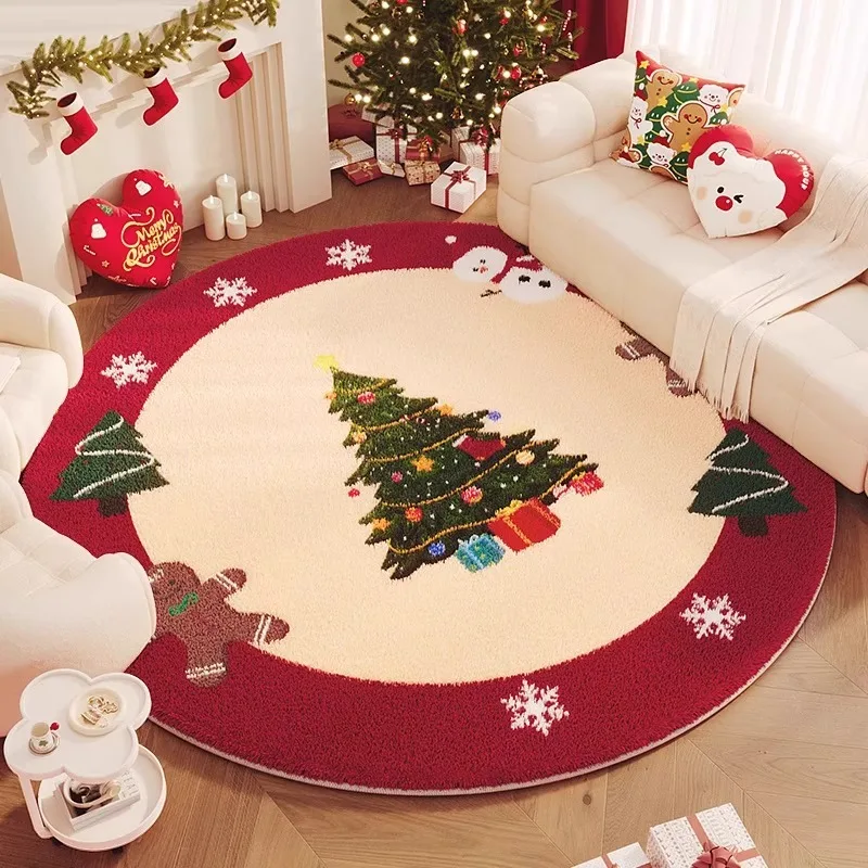 Christmas Round Living Room Rug Cute Christmas Tree Print Bedroom Fluffy Rugs Festive Atmosphere Soft Coffee Table Floor Mats 러그