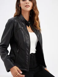 Chaqueta de cuero para mujer con cremallera, chaqueta de motociclista, rojo, negro, albaricoque, abrigo de café