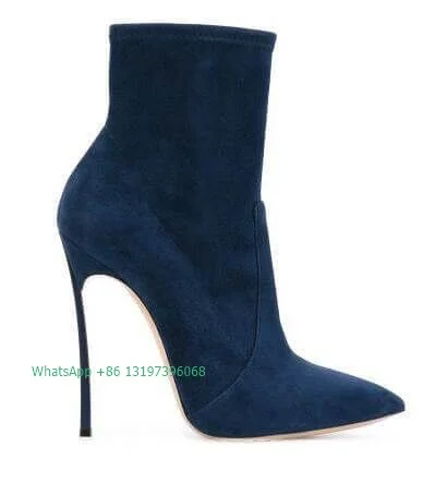 Lady dark purple ankle boots  sexy pointed toe suede blue stiletto high heels large size fashion dress boots footwear