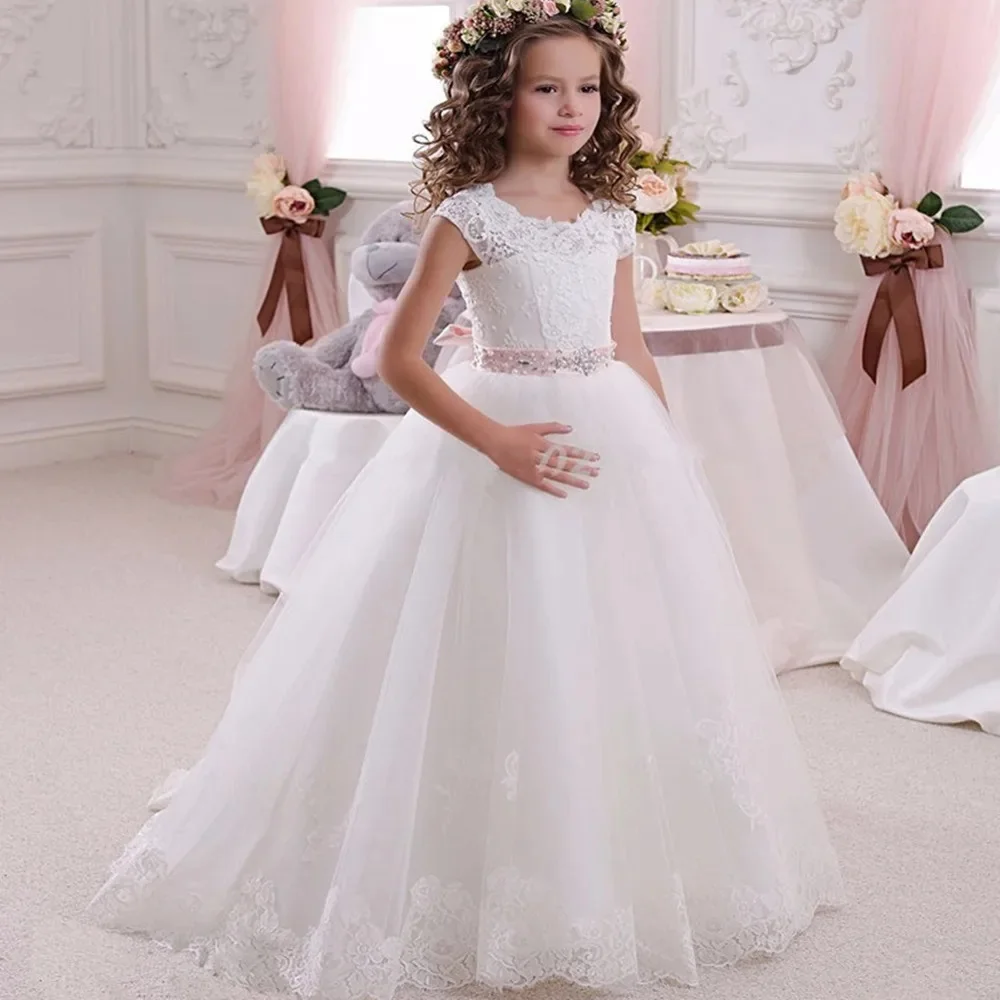 

New Customized Long Ball Flower Girl Dress Applique Lace Floor Length Luxury 2026 Formal First Communion Gown
