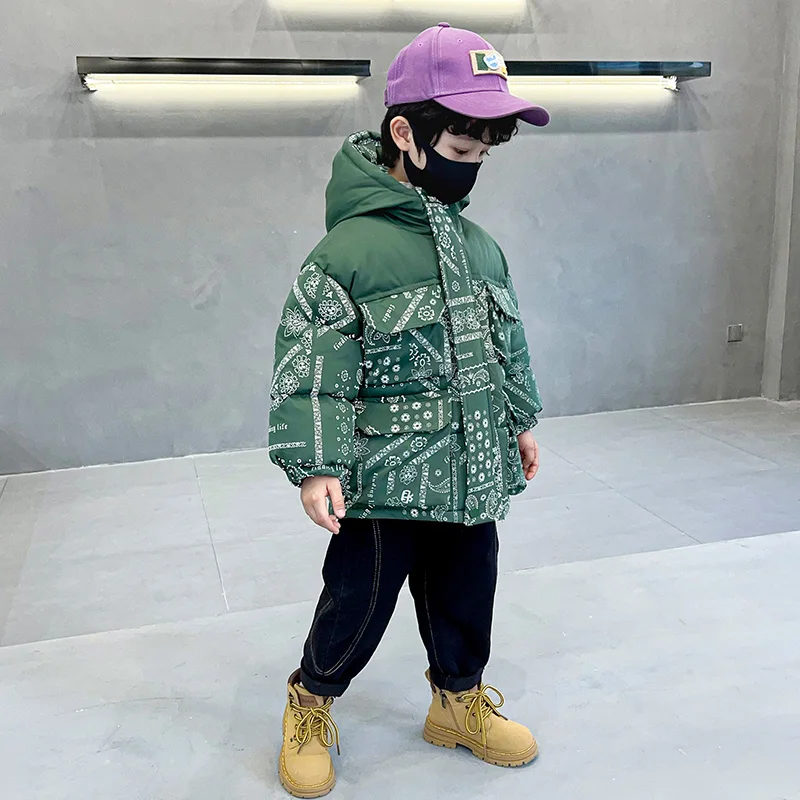 

Boys Thickened down Cotton Jacket with Hat Hand-Filled Cotton Padded Coat Youthful Trendy Winter Outerwear for Teenagers