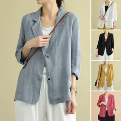 Cotton Linen Blazers Women Oversized Loose Notched Button Up Thin Blazer Coat Solid Color Long Sleeve Casual Office Jackets