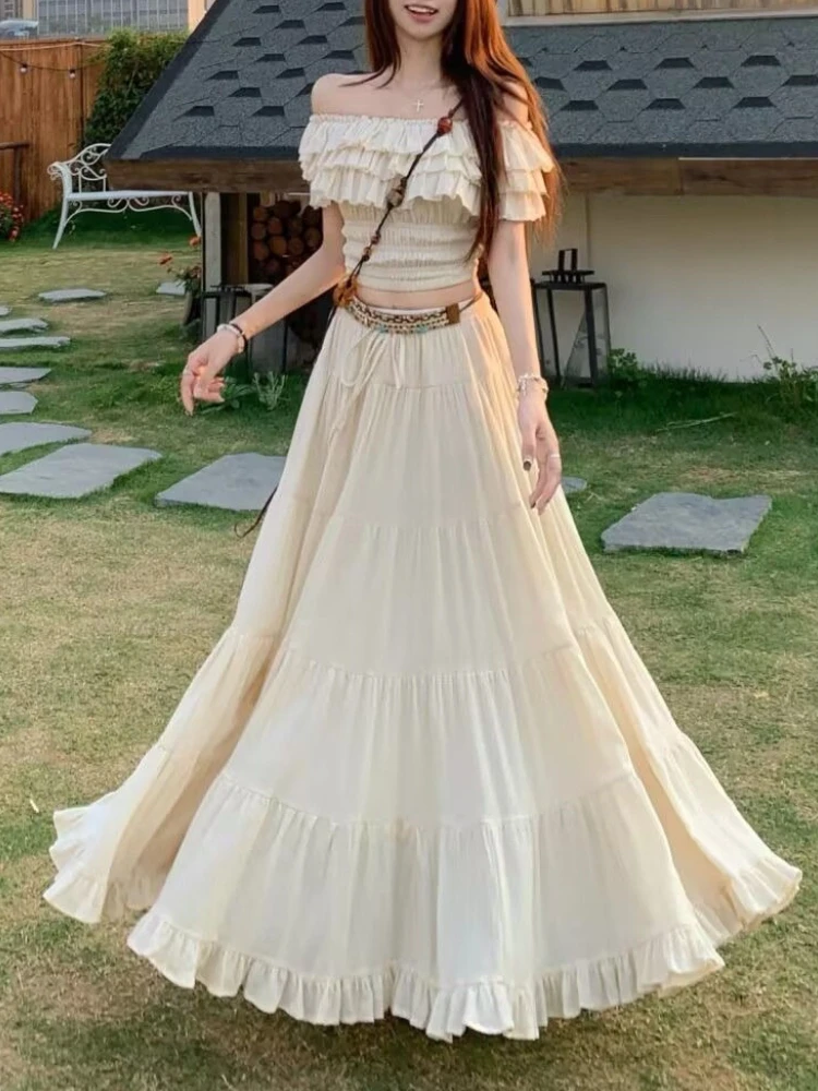 

French Style Summer Elegant Women 2 Piece Set Y2k Ruffle Off Shoulder Crop Top High + Waist A-line Long Skirt Female Outfits New