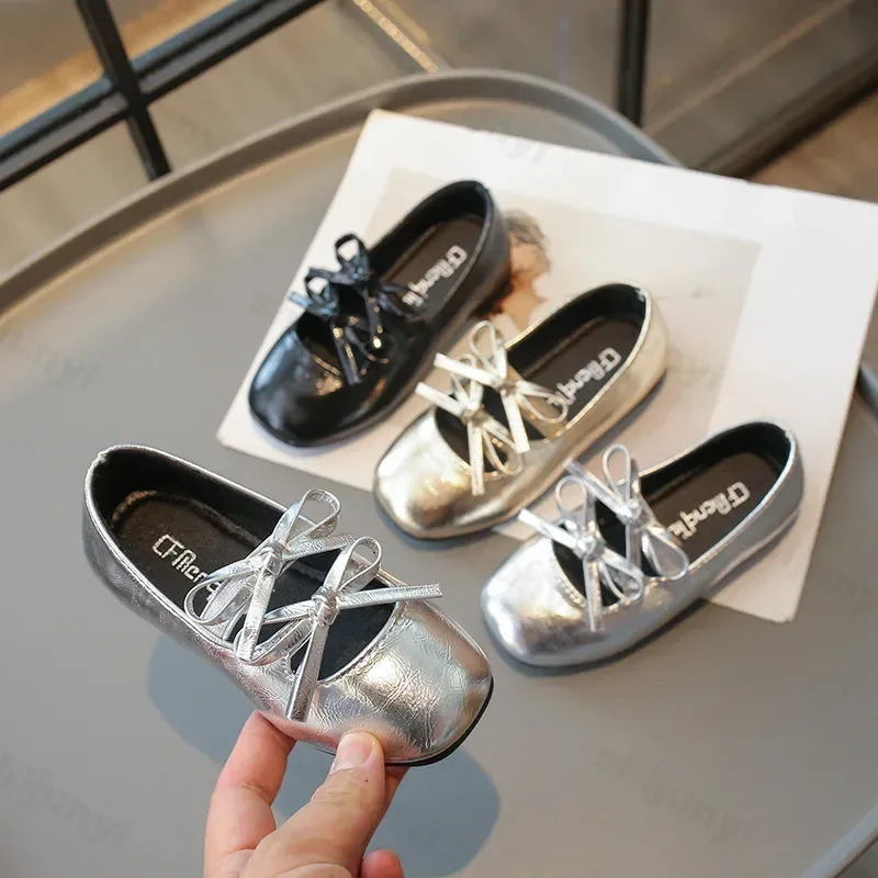 

Princess Shoes for Girls New 2025 Fashion Double Bowknot Chic Children Mary Jane Shoes Gold Sliver Square Toe Elegant Kids Flats