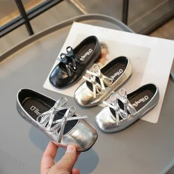 Princess Shoes for Girls New 2025 Fashion Double Bowknot Chic Children Mary Jane Shoes Gold Sliver Square Toe Elegant Kids Flats