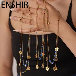 ENSHIR 316L Stainless Steel Double Layered Cross Heart Colorful Stone Eyes Pendant Necklace For Women Special Jewelry Wholesale
