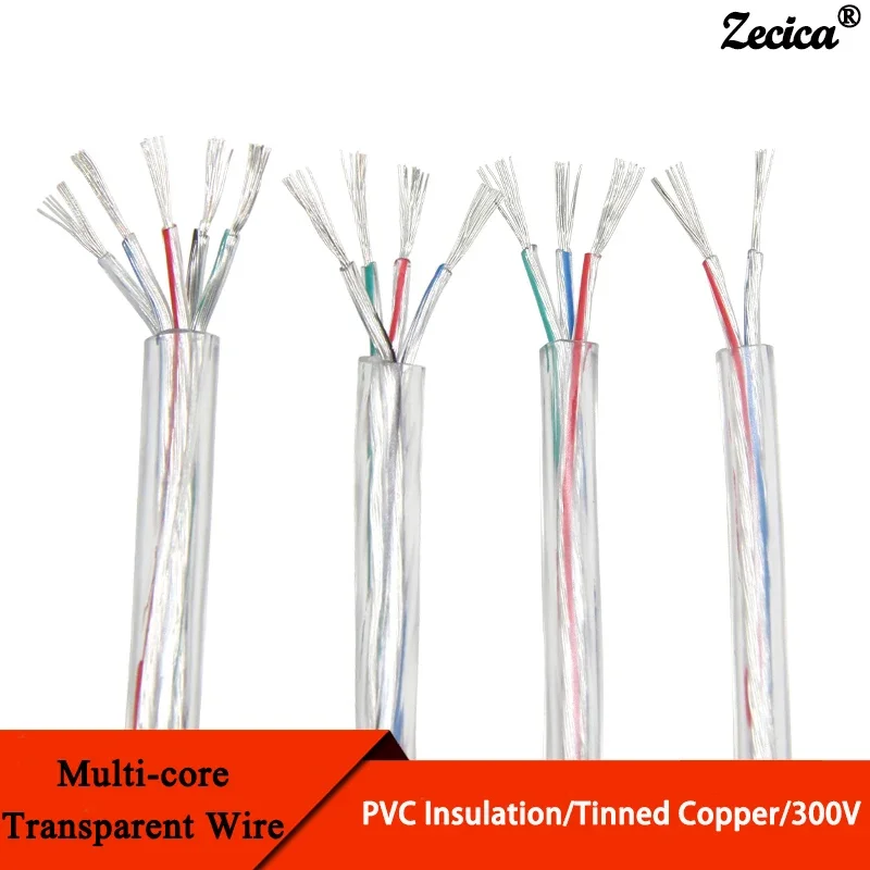 1/2/5m Transparent Power Cord 28/26/24/22/20/18/16AWG PVC Insulation Tinned Copper Cable 2 3 4 5 Cores LED Light Electronic Wire