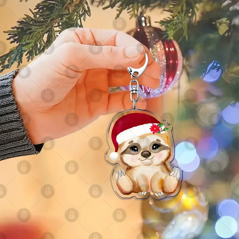 Christmas Baby Bear Fox Sloth Elephant Penguin Giraffe Bunny Keychains Ring for Accessories Bag Double-sided Printing Key Chain