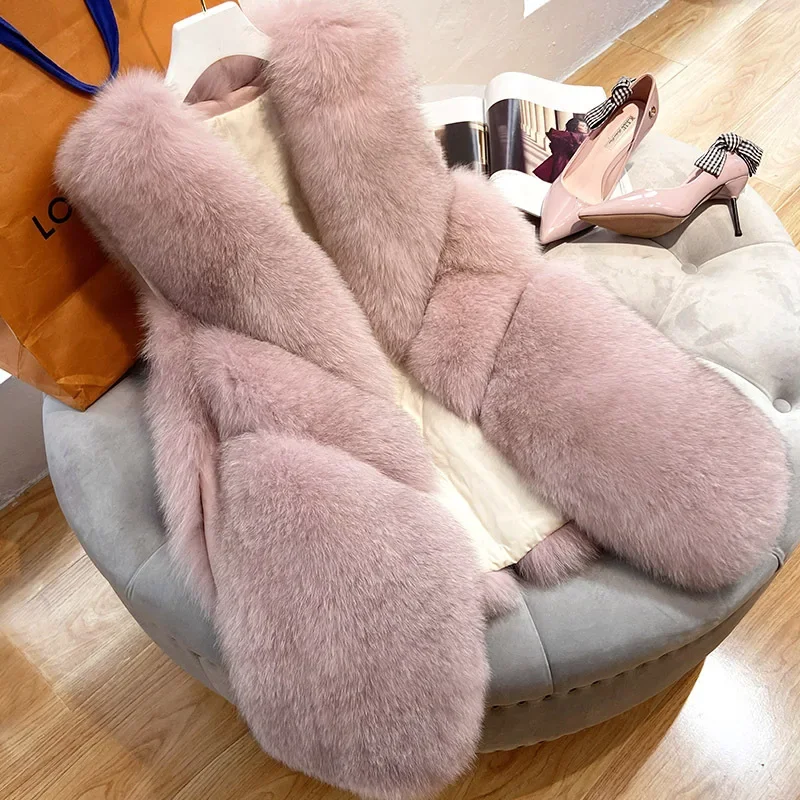 Otoño Invierno chaleco de piel para mujer grueso cálido largo de piel sintética chalecos empalmados de zorro mujer sólido cuello en V abrigo sin mangas hecho por el hombre para mujer