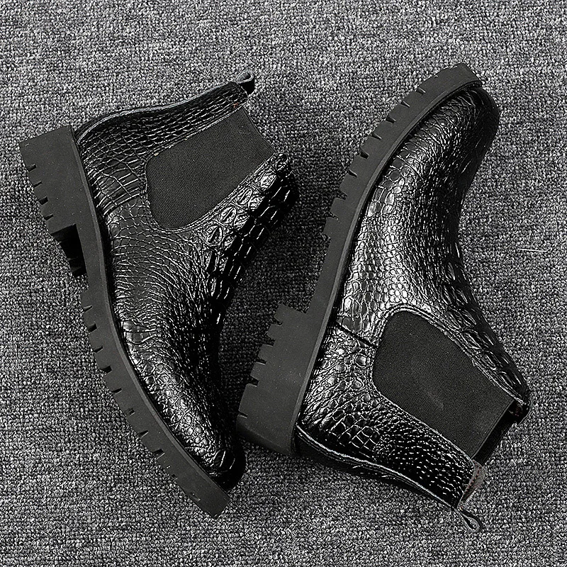 

Men's Crocodile Pattern High Top Chelsea Boots Winter Warm Leather Shoes Business Style Fleece Lined Boots Fashionable