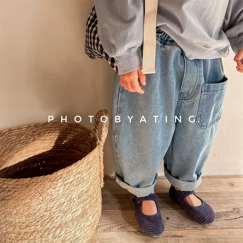 Children\'s Loose Denim Pants 2024 Autumn Korean Baby Boys Haren Pants Girls Casual Jeans Kids Clothes
