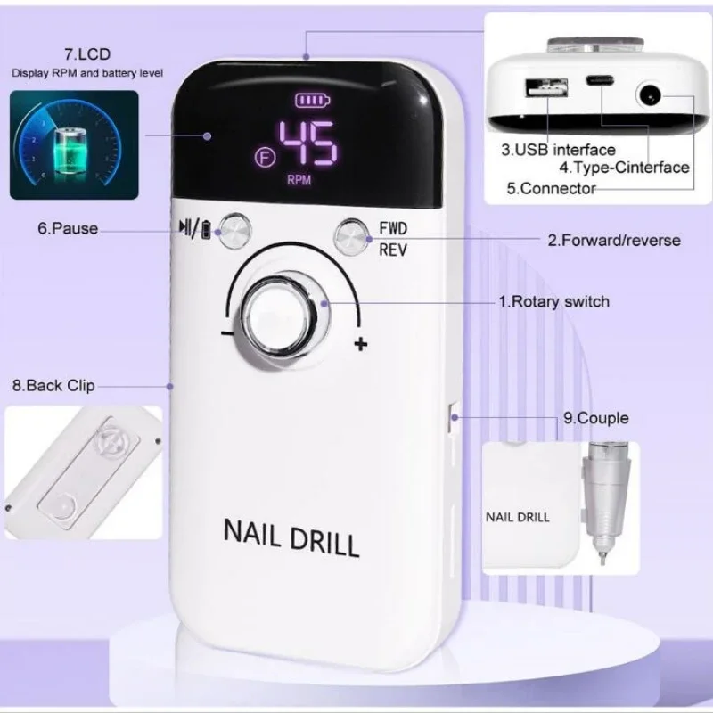 45000 giri/min trapano elettrico per unghie trapani professionali per unghie in gel smalto ricaricabile strumento per manicure portatile per lima per unghie