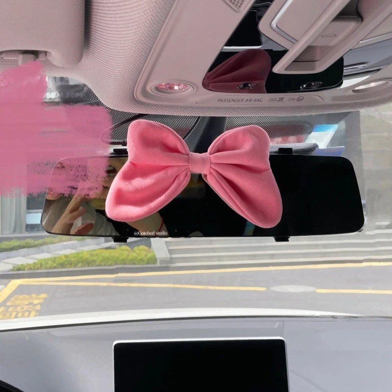 Cute Velvet Red Bow Car Rearview Mirror Cover Universal Electric Car Decoration Suede Fabric Auto Interior Rearview Mirror Decor