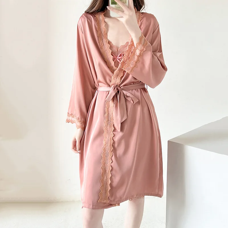 Loungewear 2PCS Kimono Robe Set Nightwear Women Sleepwear Bathrobe Gown Long Sleeve Sexy Lave Nightgown Intimate Lingerie