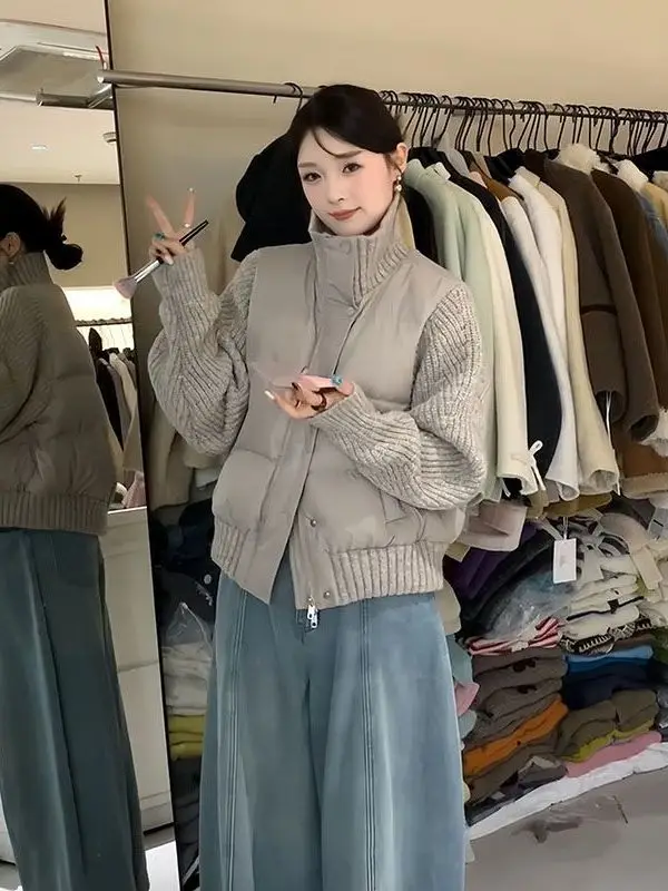 

Korean Style Knitted Loose Warm Outerwear Women's Casual Long Sleeve Stand Collar Cotton Jacket Spring New Arrival Slimming