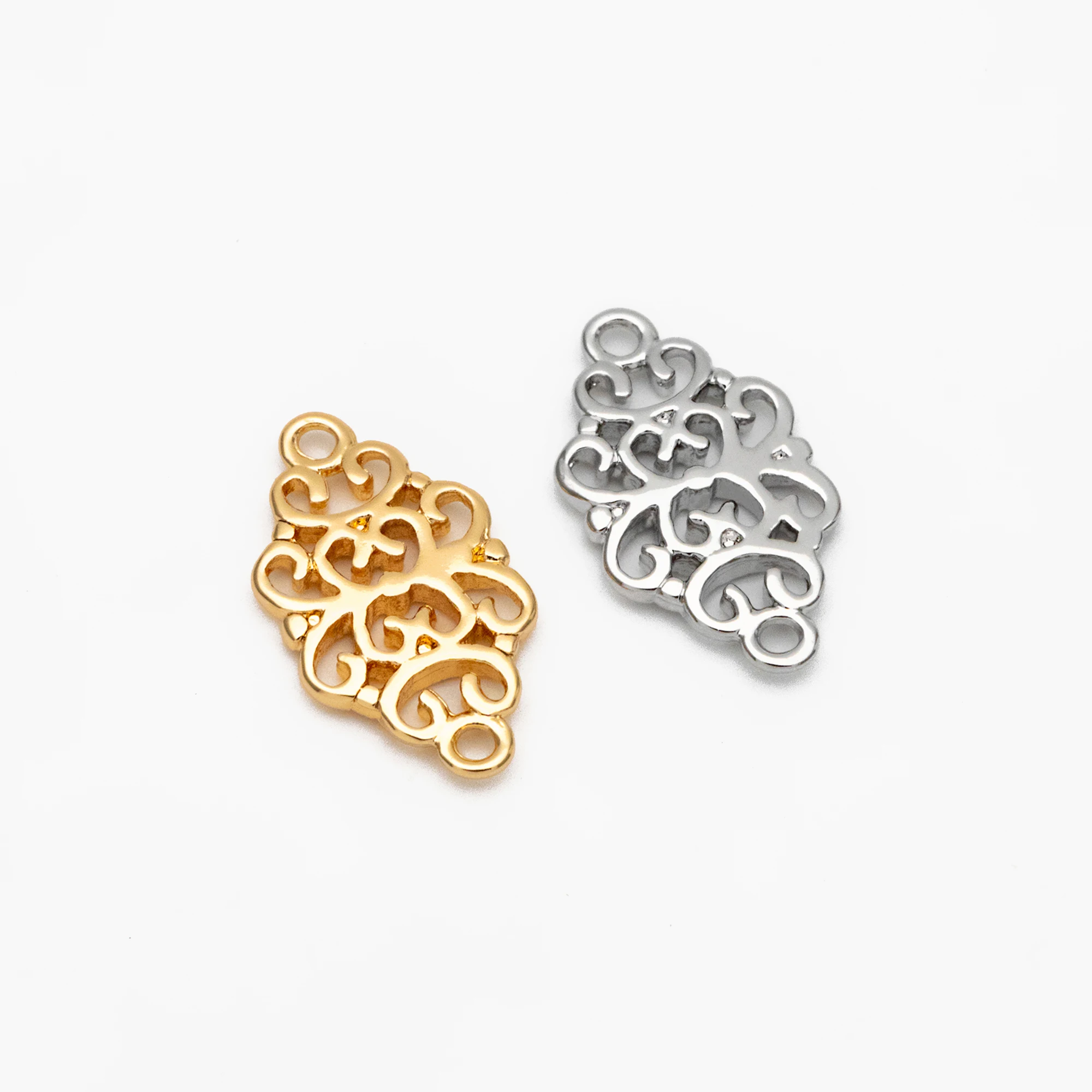 

10pcs/lot Gold /Silver Filigree Charms 17mm, Real Gold/ Rhodium plated Brass Floral Connectors with Loops (GB-191)