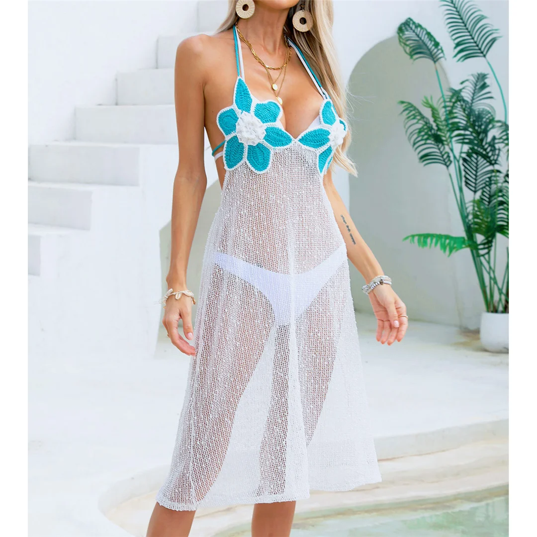 S - XL Blumenmuster, rückenfreies, halterneckiges, gehäkeltes, gestricktes Strandkleid, Tunika, Strandmode, Damen-Strandkleidung, Strand-Cover-up, Damen-Cover-ups V7579 – Detail 7