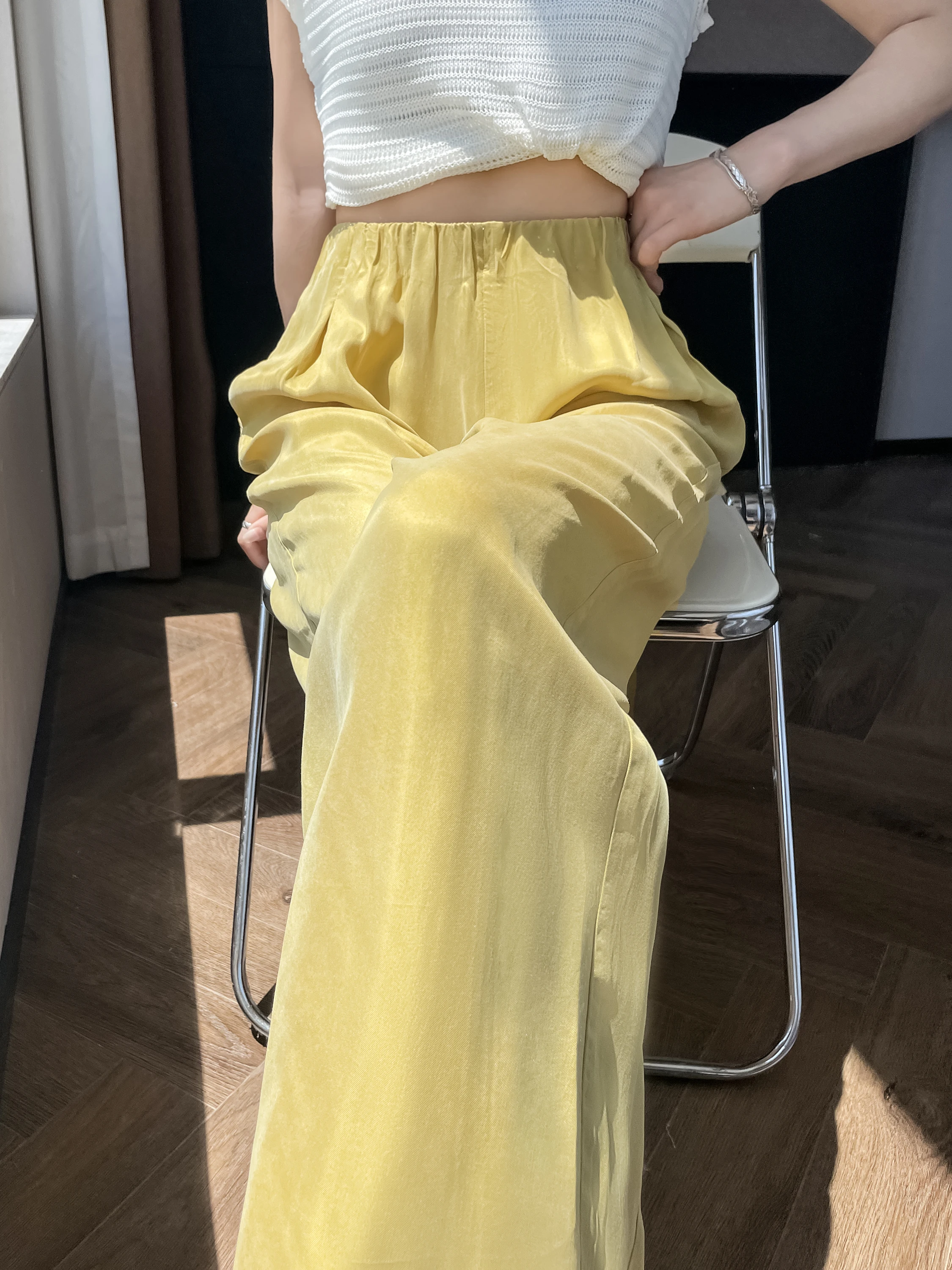 

Yellow Copper Ammonia Wide Leg Pants Women Summer Thin Ice Silk High Waist Slim Loose Straight Casual Trousers