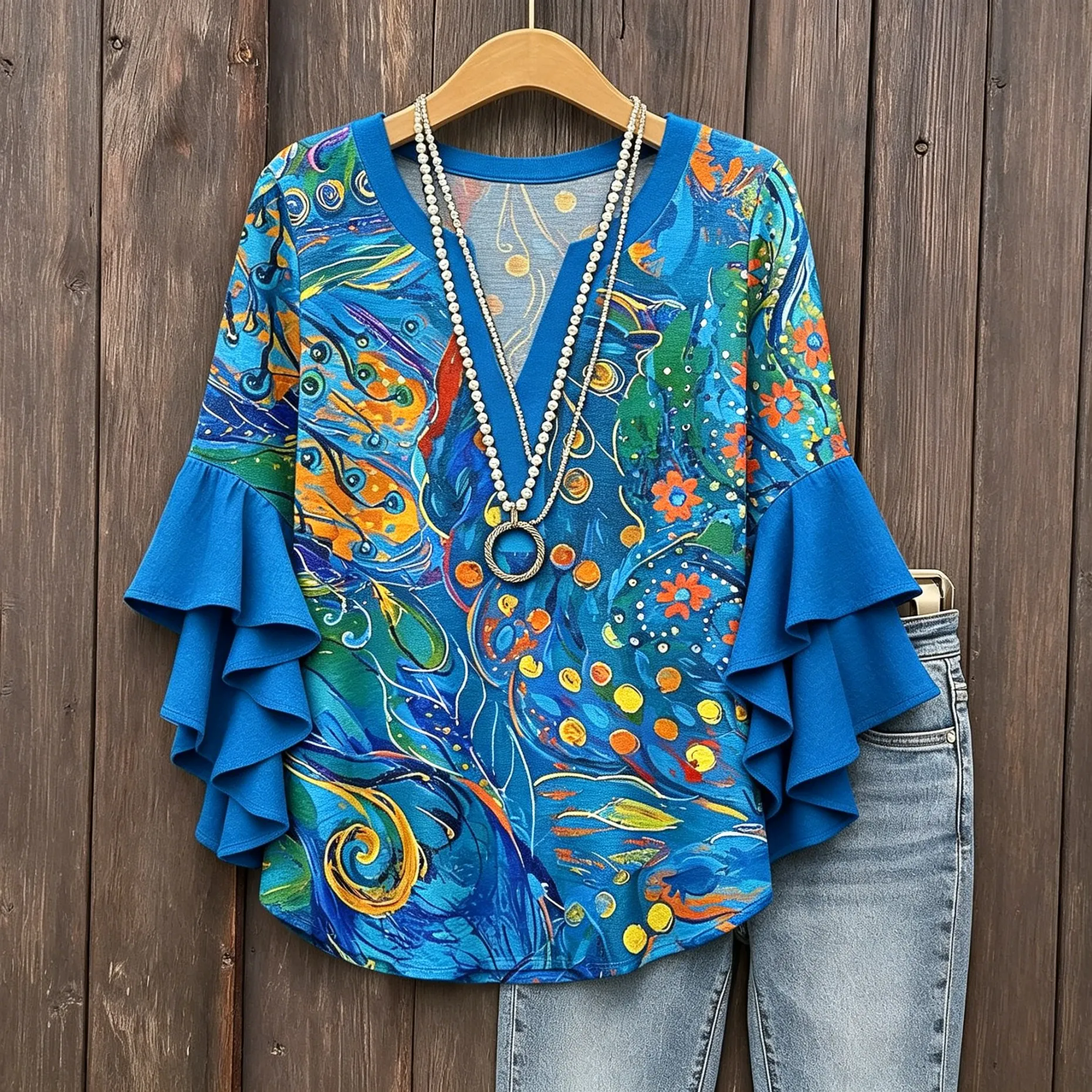 Women's Spring Summer Galaxy Starry Sky Print V Neck Blouse, Casual Flounce Ruffle Sleeve Top