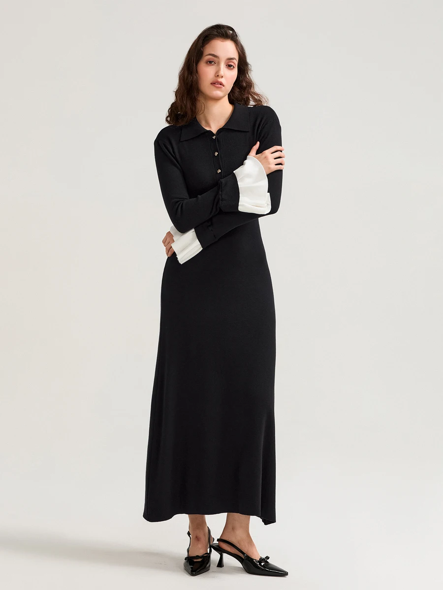 Women Sweater Dress Patchwork Flare Sleeve Buttons Turn Down Collar Long Dress Fall Fashion Casual Knit Dress