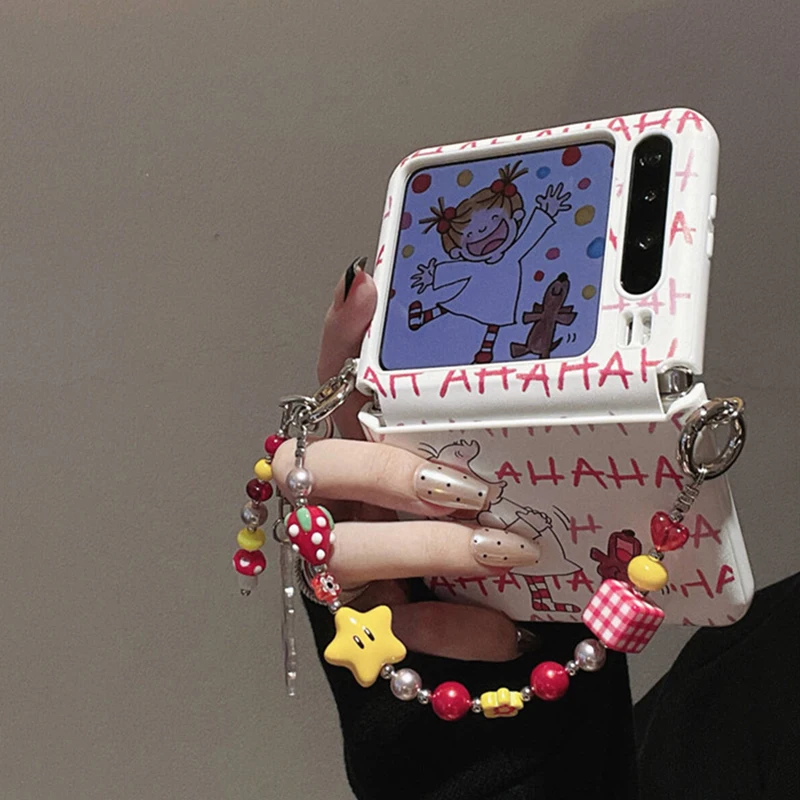 Cute flip Leather phone case for Samsung z flip 7 flip 6 5 cover kawaii Laughing Dog Girl with Handheld Chain