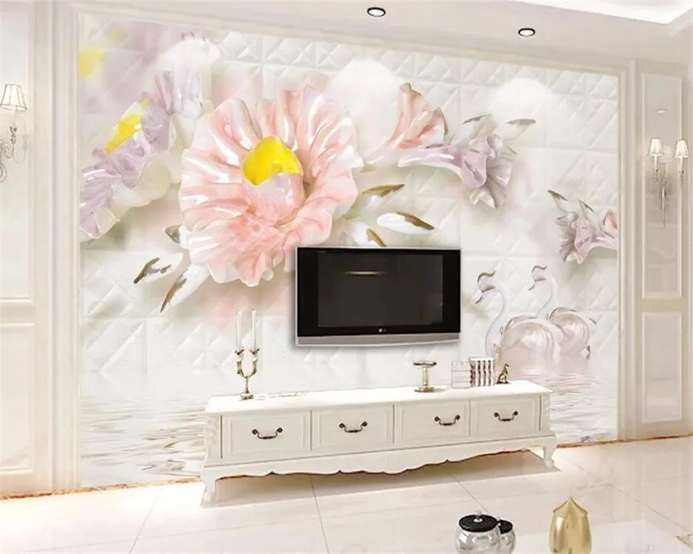 

Custom wallpaper 3d solid wall white 3d stereo flower swan soft pack European TV background wall papers home decor 3d wallpaper