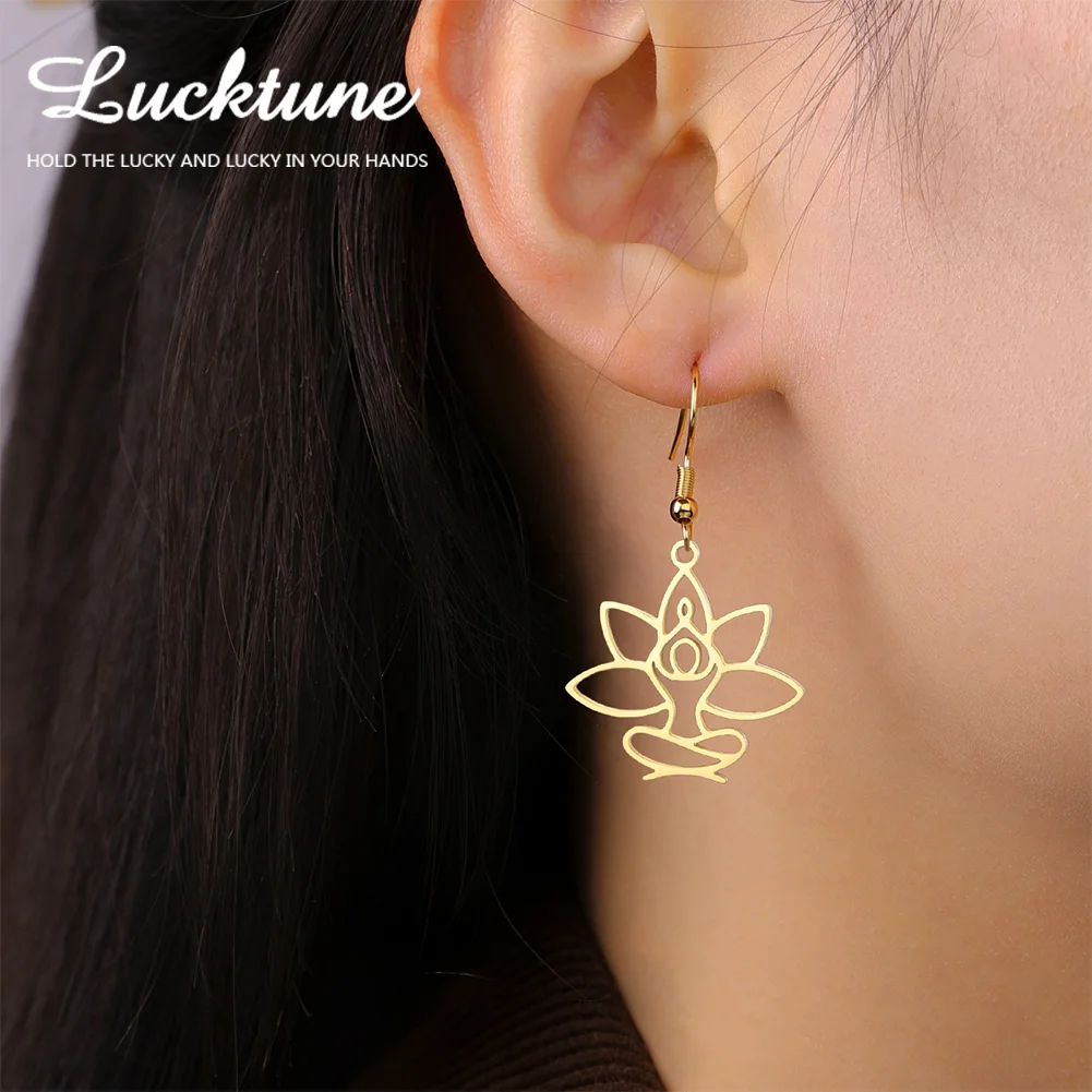 Lucktune Moksha لوتس زهرة استرخى يوغو رمز أقراط خمر الفولاذ المقاوم للصدأ Padmasana المرأة القرط البوذية مجوهرات هدية