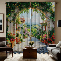 2PC Home Nostalgic scenery Curtains With Landscape Background And Pole Pocket Curtains, Kitchen, Coffee Shop, Living Room, Bacon