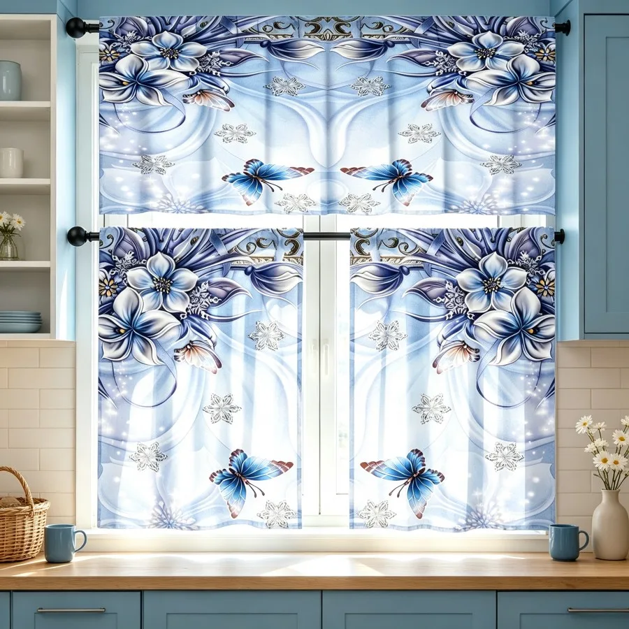 Dreamy Kitchen Curtains, Blue Butterfly Flower Ornate, Digital Print, Kitchen Dining Room, Rod Pocket Polyester, Home Decor