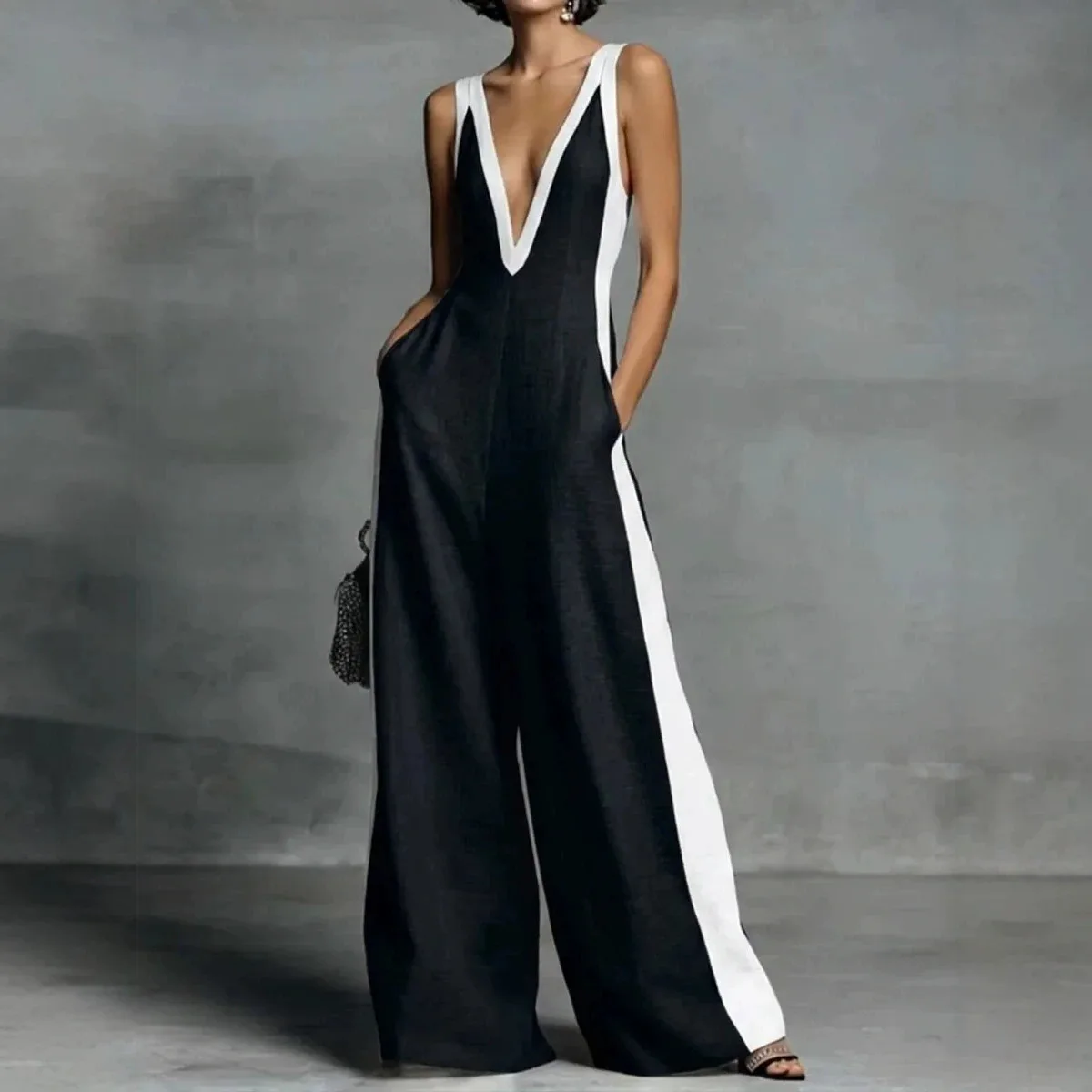 Women's 2026 Summary New Fashion V-neck Sleeveless Color-block Wide-leg Jumpsuit Summer Maxi Dress Bandage Robe Elegant Sexy