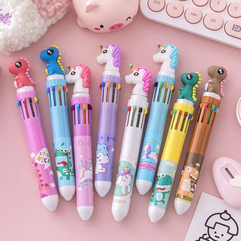 

10Pcs Cute 10 Color Ballpoint Pen Multi-color Retractable Oil Pen Kawaii Unicorn Swan Dinosaur Office School Stationery Gift