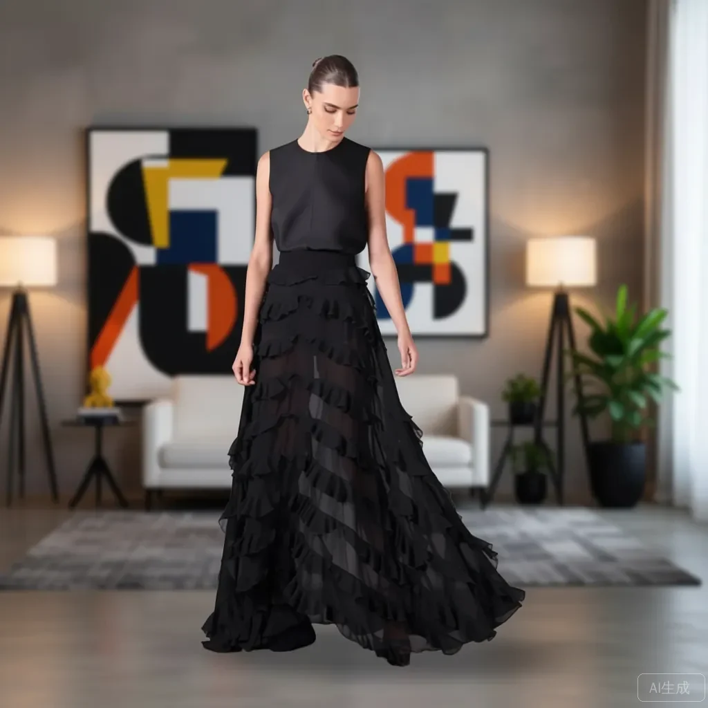 

Black Ruffled Maxi Skirt High‑Waisted Layered Organza Floor‑Length Evening Skirt with Dramatic Train Trendy Formal Party