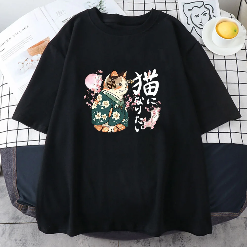Ukiyoe Kanji Cat Japanese Style T-shirt Blossom Sakura Pink Tee-shirt Girls Tshirts Short Sleeve Casual Tees Graphic T Shirts