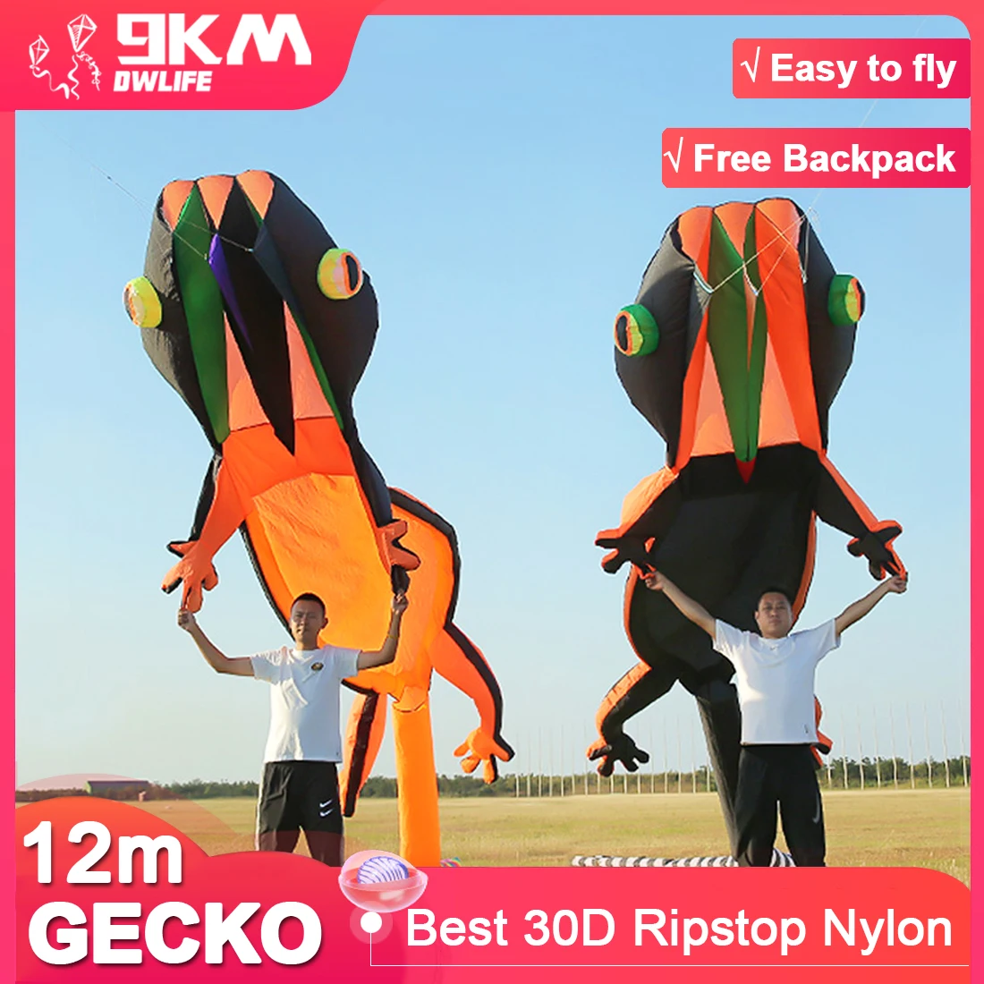 

9KM 12m Giant Gecko Kite 39ft Large Single Line Soft Inflatable Kite 30D Ripstop Nylon Fabric with Bag