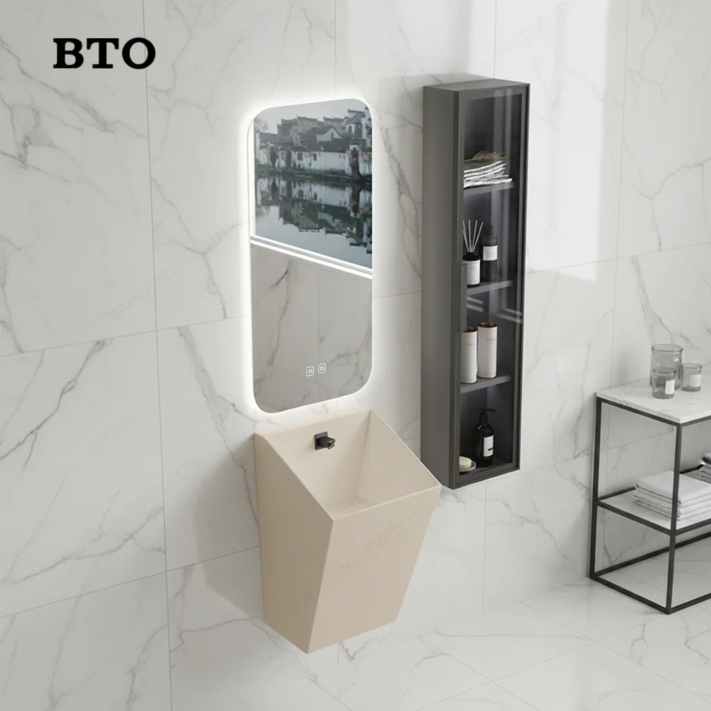Wall Hung Basin Wall Mounted Wash Basin Floating Ceramic Sink Faceted Beige Bowl No Cabinet For Small Cloakroom