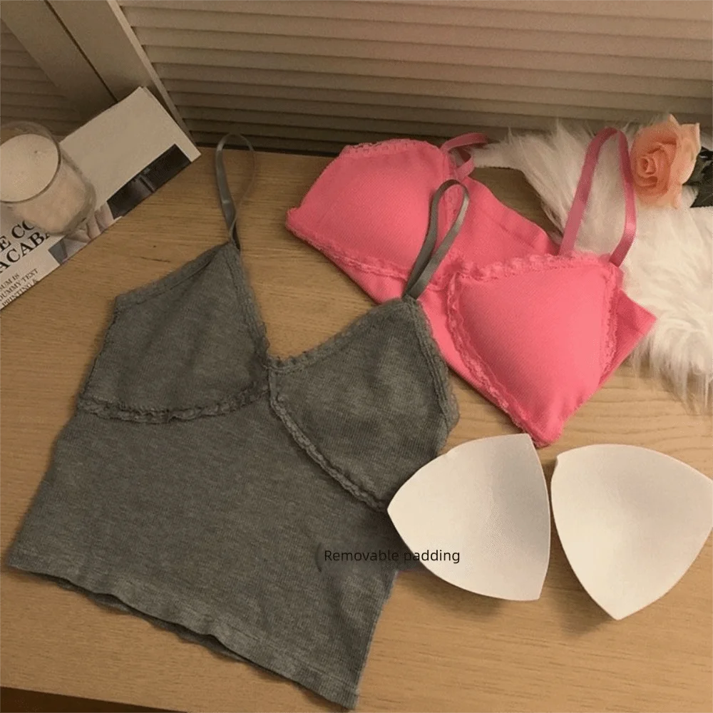 High Quality Cotton Lace Camisole Solid Color Lace Trim Push Up Bra Breathable Underwear with Chest Pad